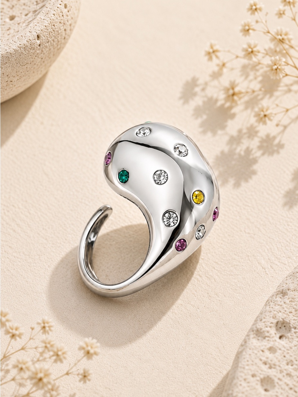 Silver-tone Multicolor Crystal Dome Ring - Picture 3 of 10